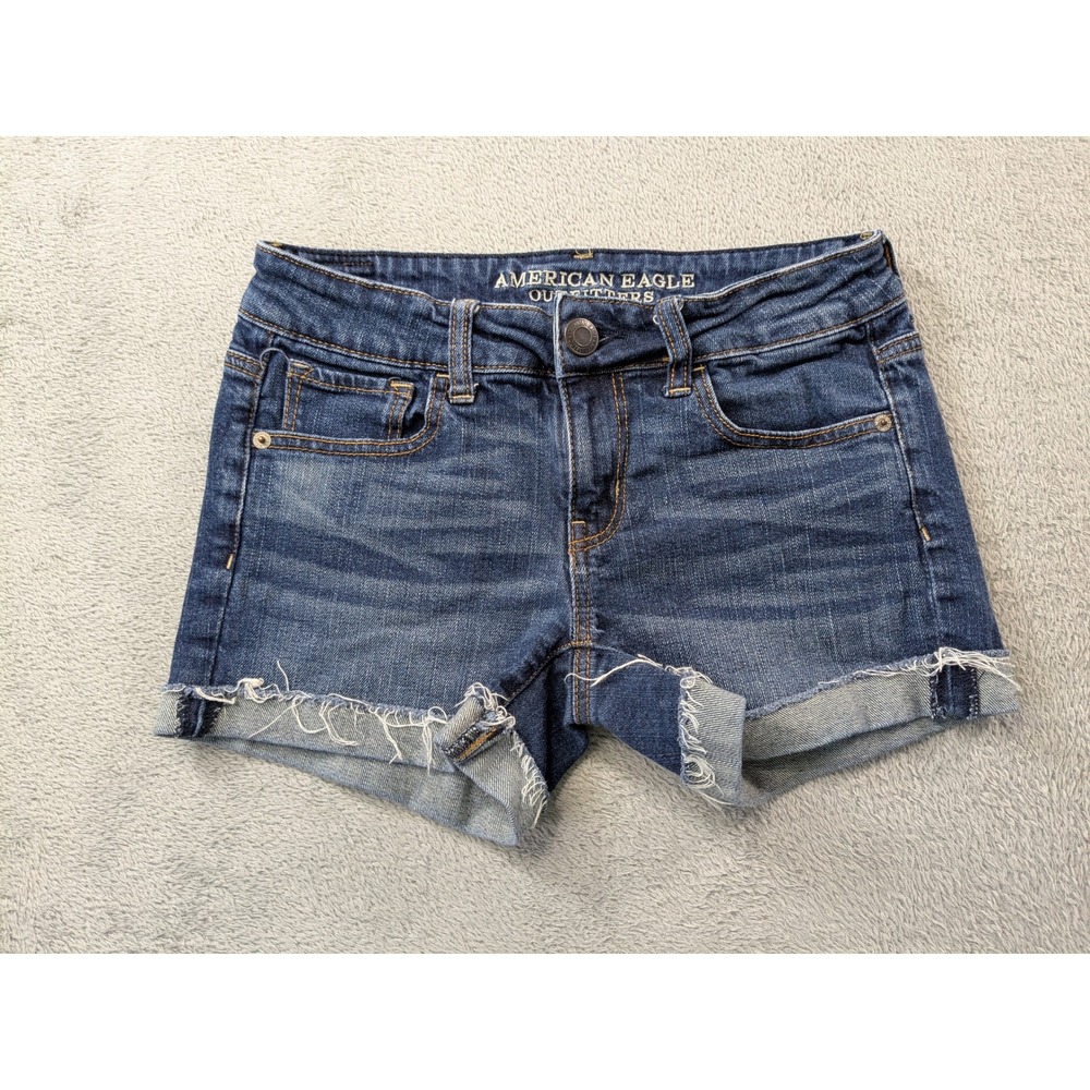 American Eagle Stretch Denim Shorts Womens 2 Dark Wash Raw Hem Low Rise